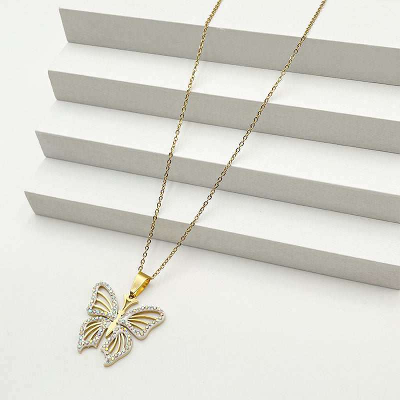 Wholesale Titanium Steel Colored Rhinestone Two-tone Butterfly Pendant Necklaces